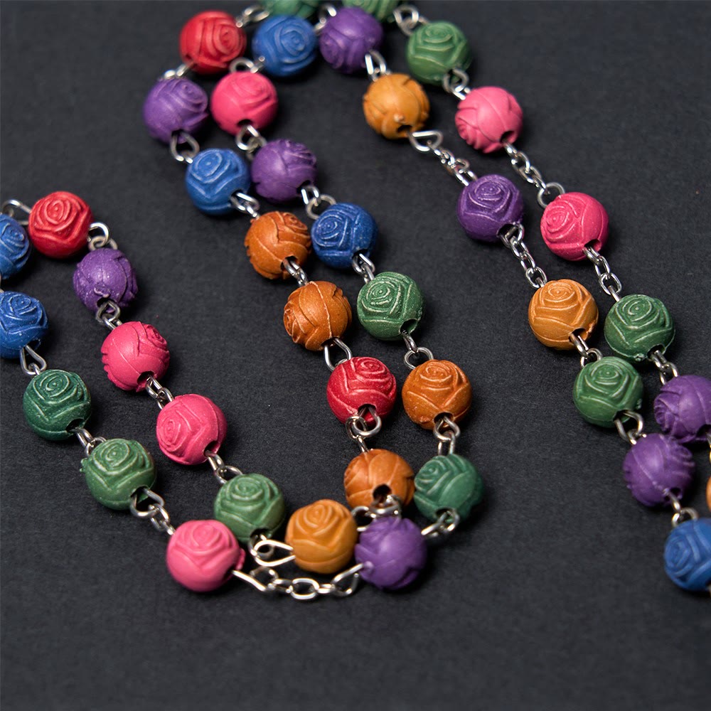 Our Lady of Guadalupe & Crucifix of 8 mm Rose Multicolor Resin Alloy Chain Rosary - image 12