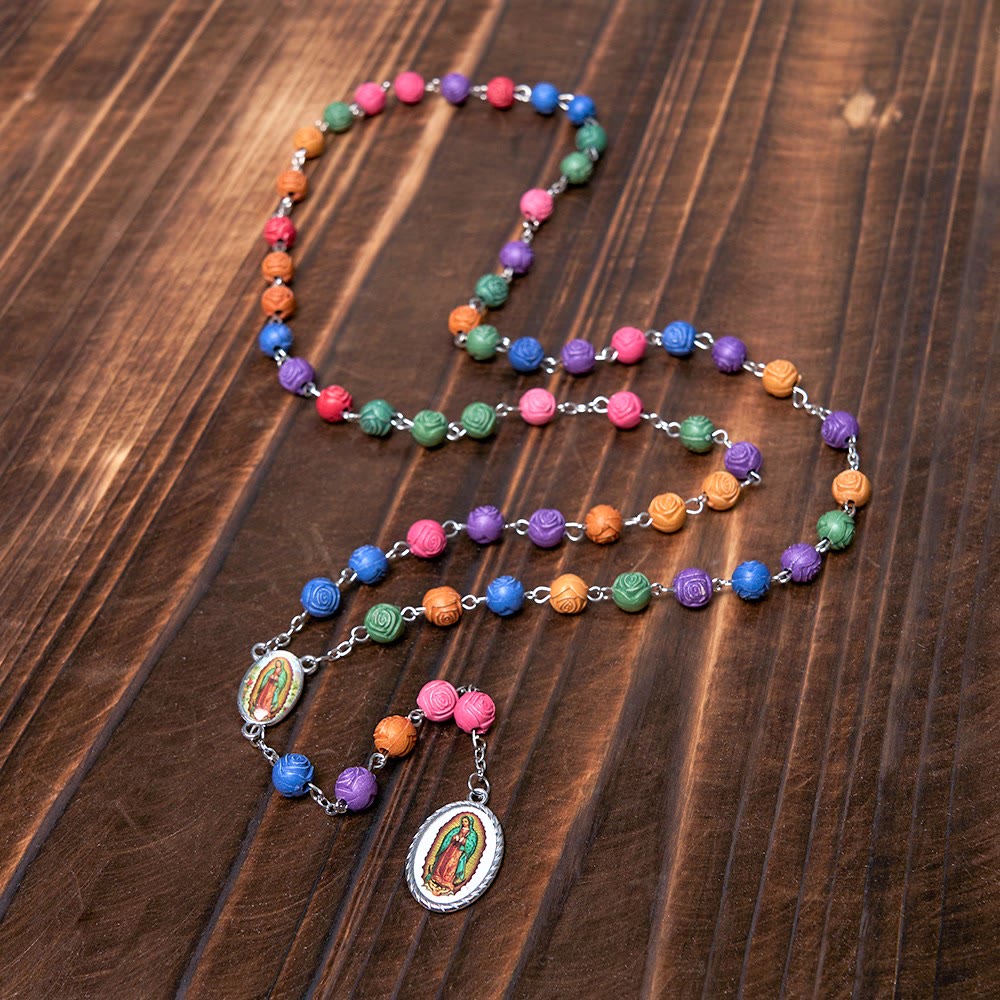 Our Lady of Guadalupe & Crucifix of 8 mm Rose Multicolor Resin Alloy Chain Rosary - image 7