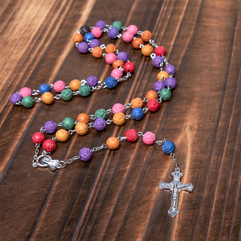 Our Lady of Guadalupe & Crucifix of 8 mm Rose Multicolor Resin Alloy Chain Rosary - image 5