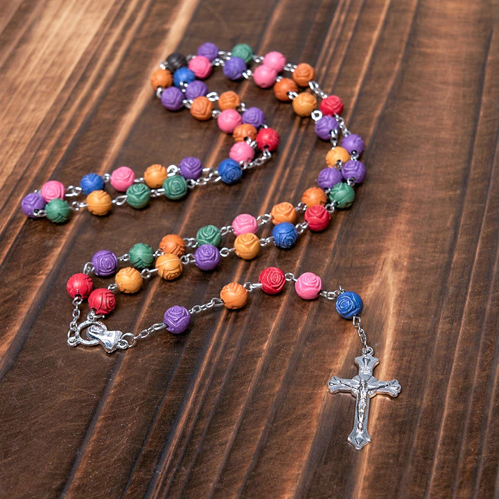 Our Lady of Guadalupe & Crucifix of 8 mm Rose Multicolor Resin Alloy Chain Rosary - image 5