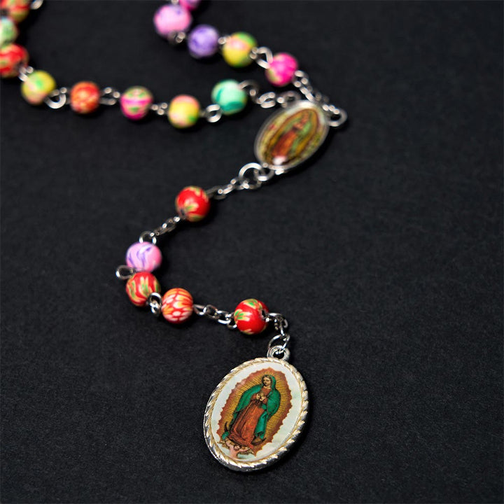 Our Lady of Guadalupe & Crucifix of 6 mm Round Multicolor Polymer Clay Alloy Chain Rosary - image 6
