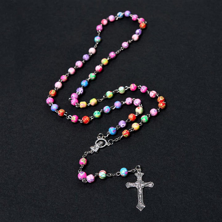 Our Lady of Guadalupe & Crucifix of 6 mm Round Multicolor Polymer Clay Alloy Chain Rosary - image 4