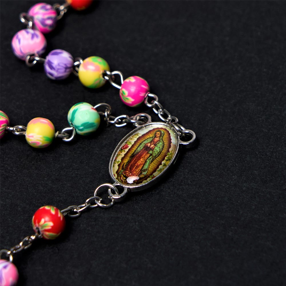 Our Lady of Guadalupe & Crucifix of 6 mm Round Multicolor Polymer Clay Alloy Chain Rosary - image 6