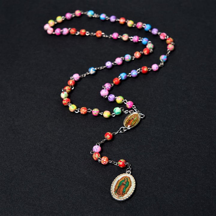 Our Lady of Guadalupe & Crucifix of 6 mm Round Multicolor Polymer Clay Alloy Chain Rosary - image 4