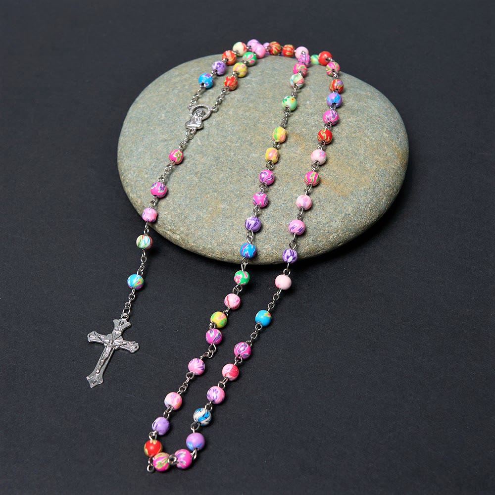 Our Lady of Guadalupe & Crucifix of 6 mm Round Multicolor Polymer Clay Alloy Chain Rosary - Crucifix - image 3