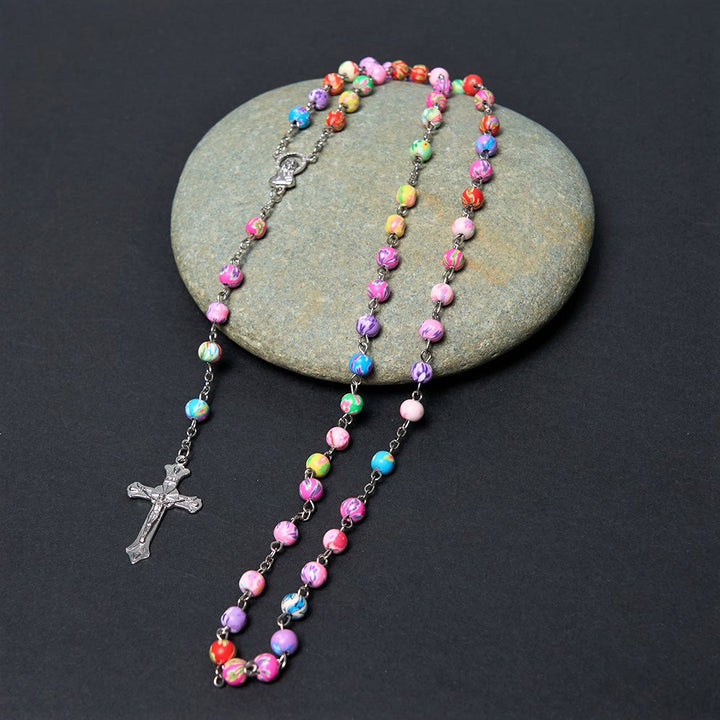Our Lady of Guadalupe & Crucifix of 6 mm Round Multicolor Polymer Clay Alloy Chain Rosary - Crucifix - image 3