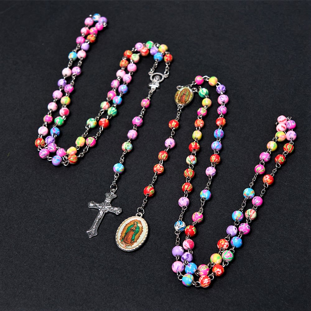 Our Lady of Guadalupe & Crucifix of 6 mm Round Multicolor Polymer Clay Alloy Chain Rosary - image 1