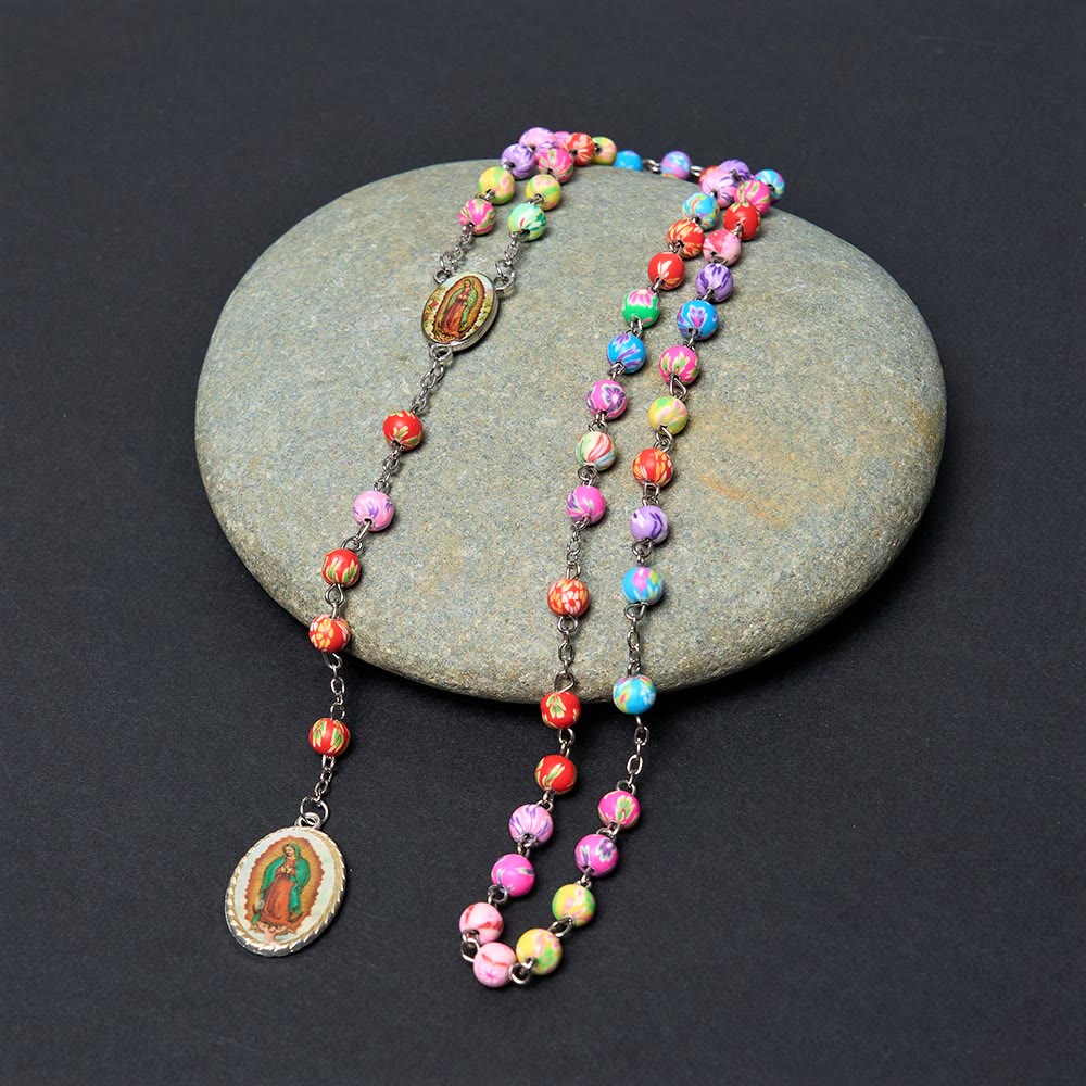 Our Lady of Guadalupe & Crucifix of 6 mm Round Multicolor Polymer Clay Alloy Chain Rosary - Our Lady of Guadalupe - image 0