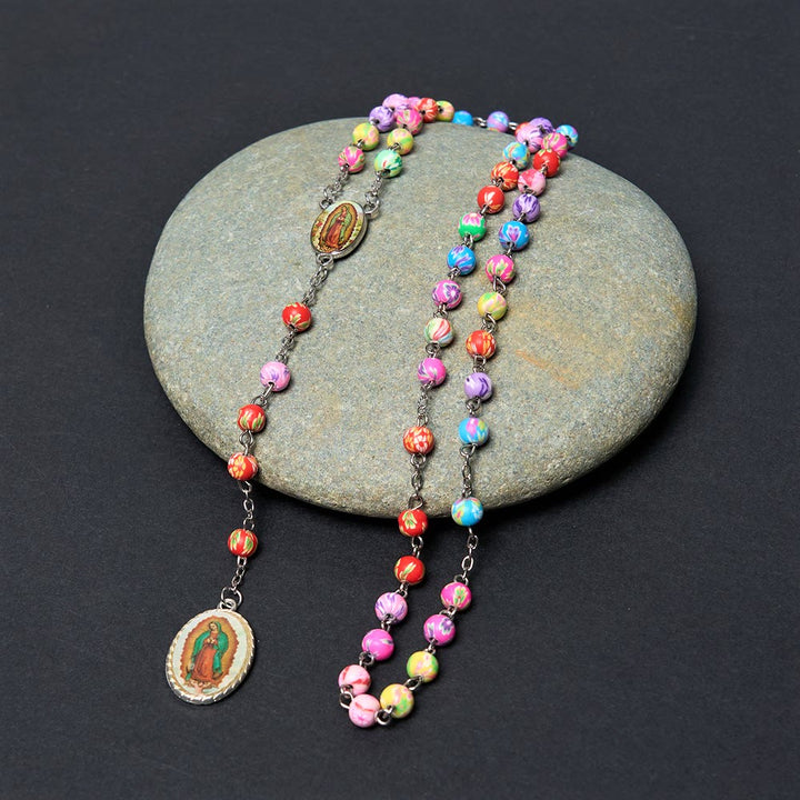 Our Lady of Guadalupe & Crucifix of 6 mm Round Multicolor Polymer Clay Alloy Chain Rosary - Our Lady of Guadalupe - image 0