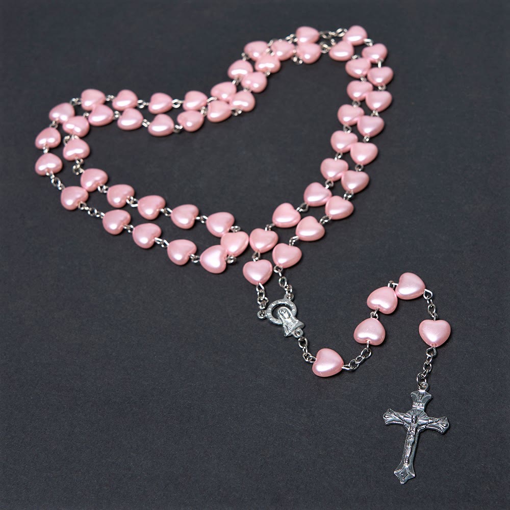 Christian Art Our Lady of Fátima & Crucifix of 10 mm Heart Pink Acrylic Alloy Chain Rosary - image 2