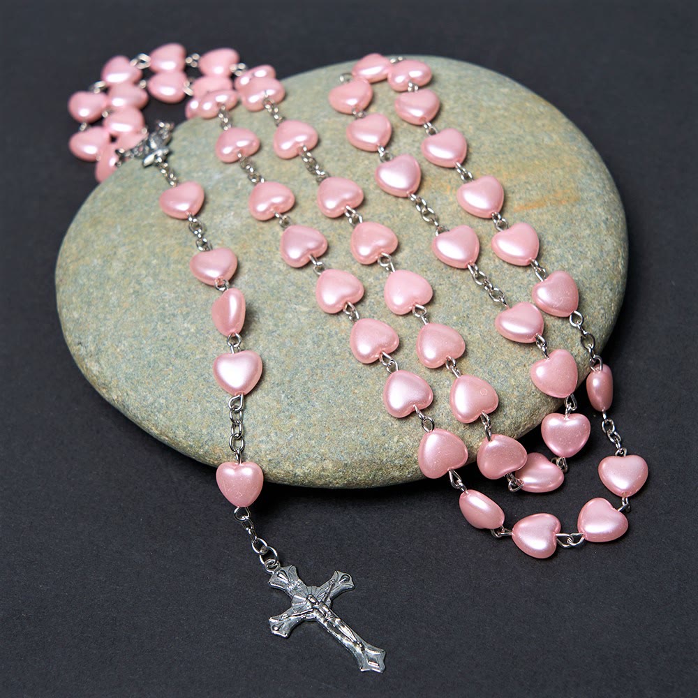 Christian Art Our Lady of Fátima & Crucifix of 10 mm Heart Pink Acrylic Alloy Chain Rosary - image 3