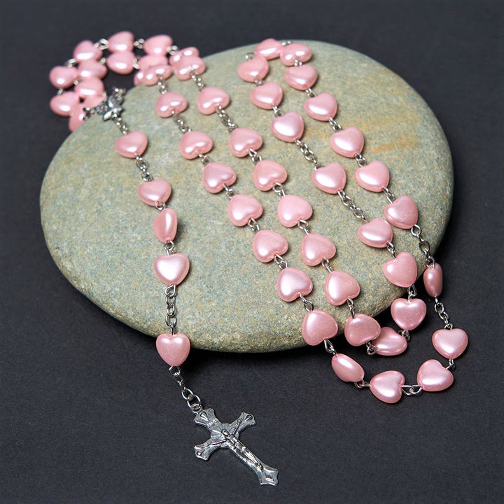 Christian Art Our Lady of Fátima & Crucifix of 10 mm Heart Pink Acrylic Alloy Chain Rosary - image 3