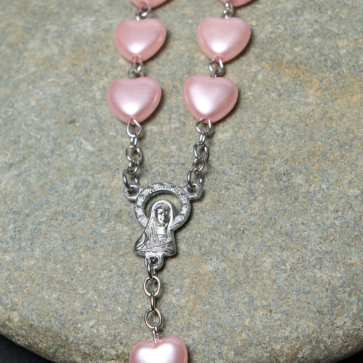 Christian Art Our Lady of Fátima & Crucifix of 10 mm Heart Pink Acrylic Alloy Chain Rosary - image 4