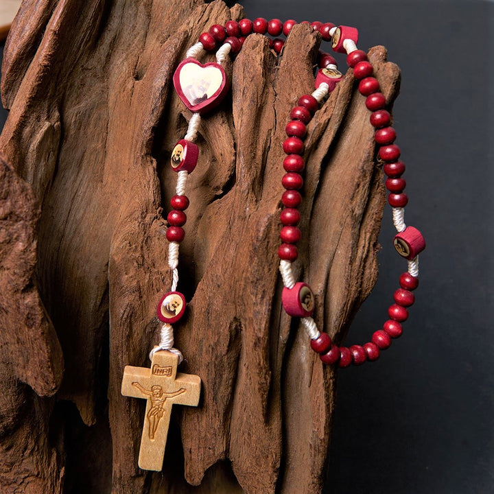 Wine Red Wooden Beads Cross Virgin Mary Hand Held Rosary - image 9