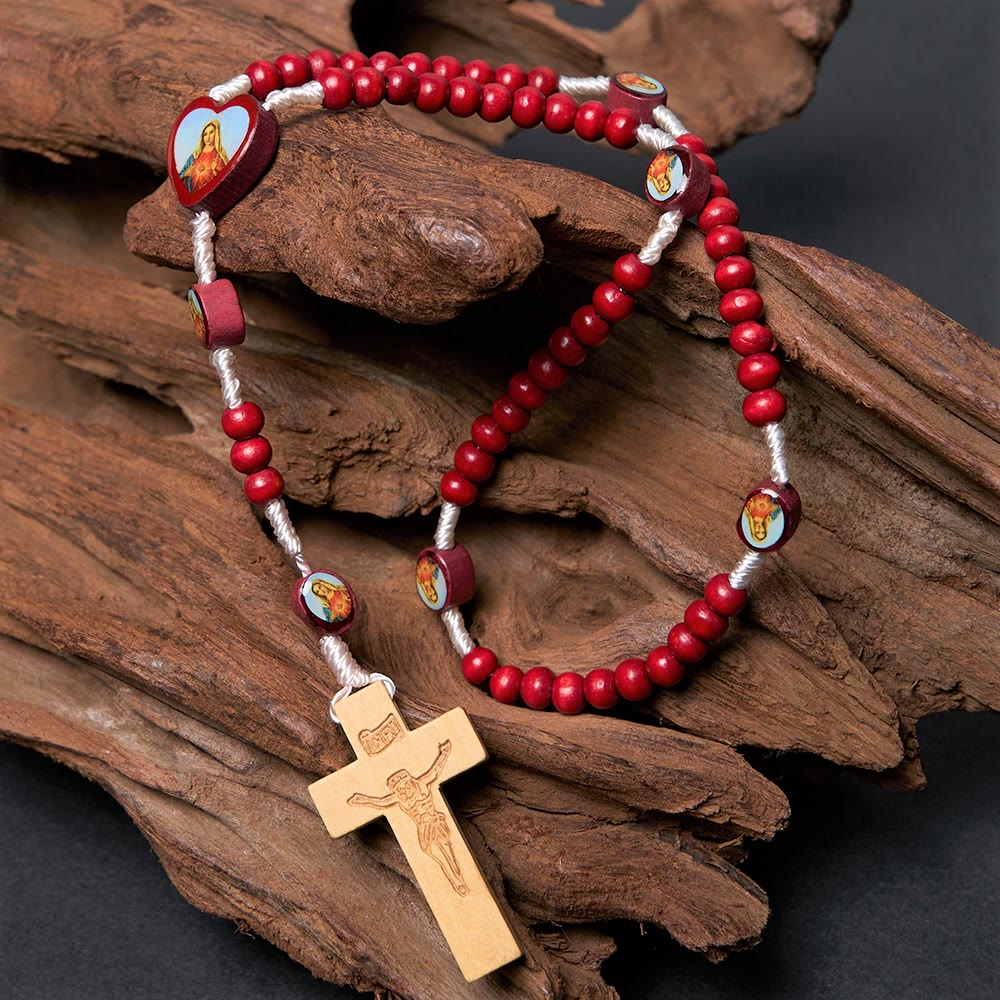 Wine Red Wooden Beads Cross Virgin Mary Hand Held Rosary - Virgin Mary - image 1