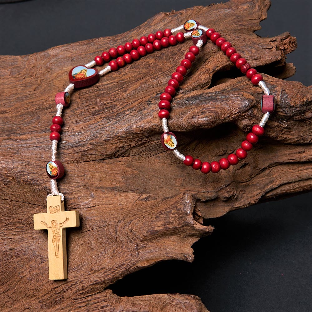 Wine Red Wooden Beads Cross Virgin Mary Hand Held Rosary - image 7