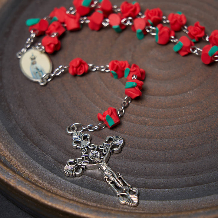 Christian Art Rose Flower Shaped Beads Virgin Mary Prayer Rosary - image 5