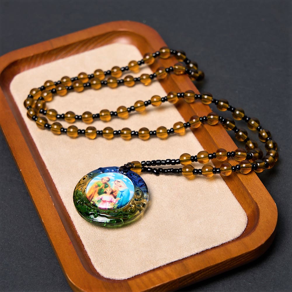 Christian Art the Holy Family Dark Brown Beads Necklace - Dark Brown - image 1