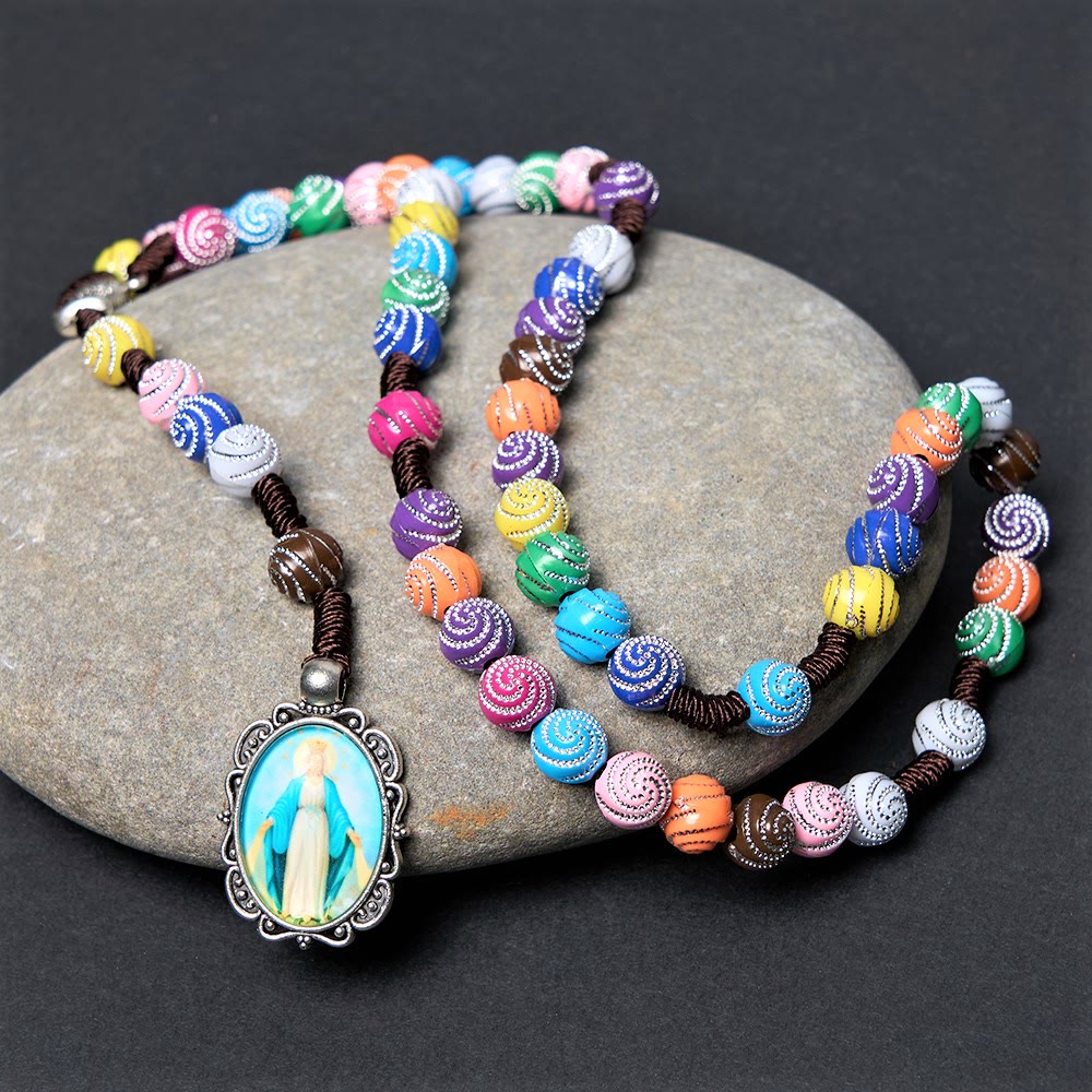 Holy Grail & Miraculous Medal of 8 mm Round Multicolor Acrylic Nylon Cord Rosary - Multicolor - image 1