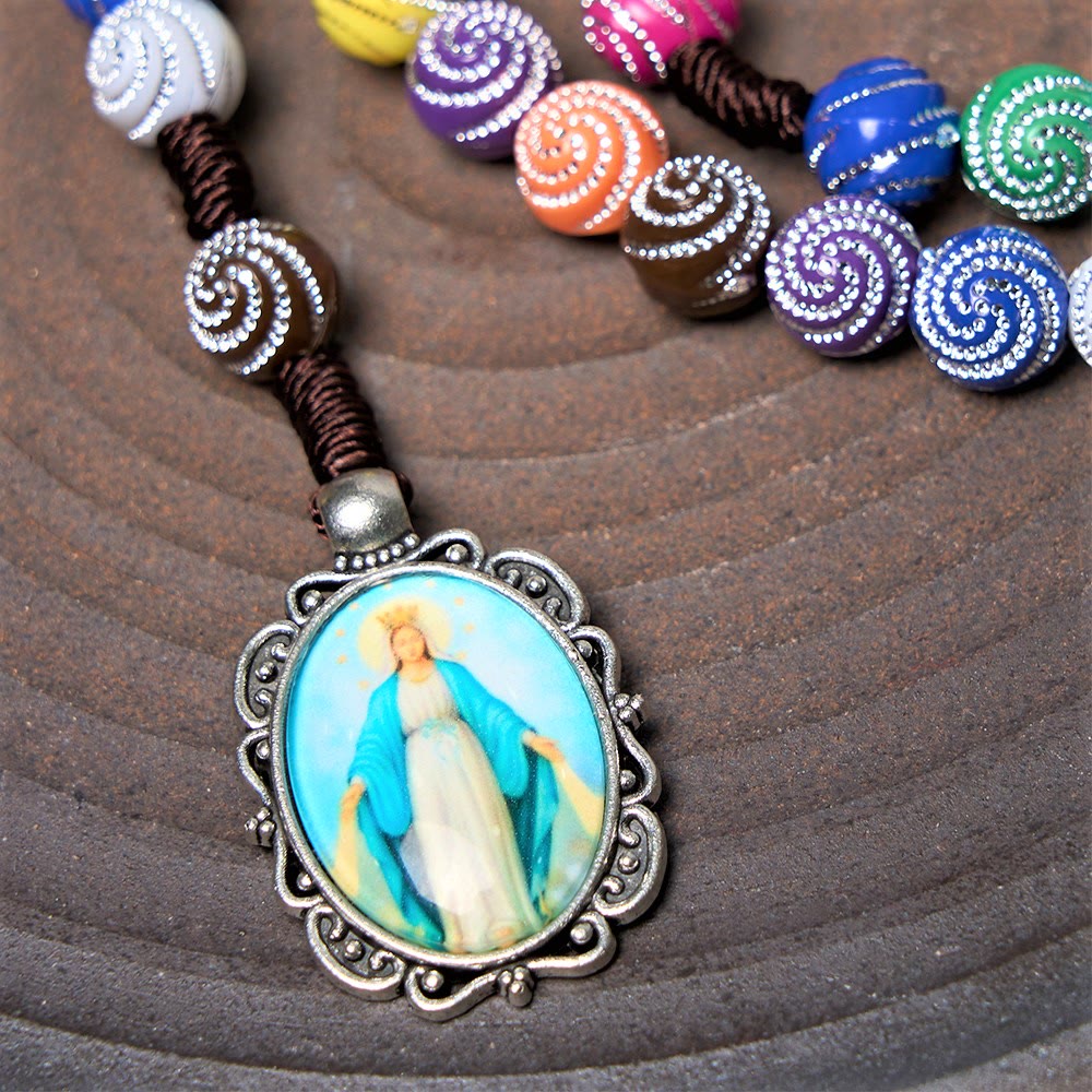 Holy Grail & Miraculous Medal of 8 mm Round Multicolor Acrylic Nylon Cord Rosary - image 4