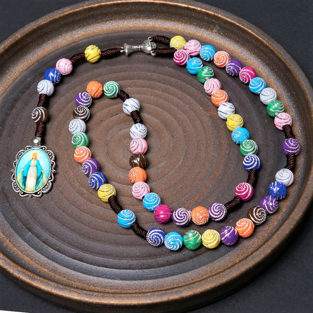 Holy Grail & Miraculous Medal of 8 mm Round Multicolor Acrylic Nylon Cord Rosary - image 2