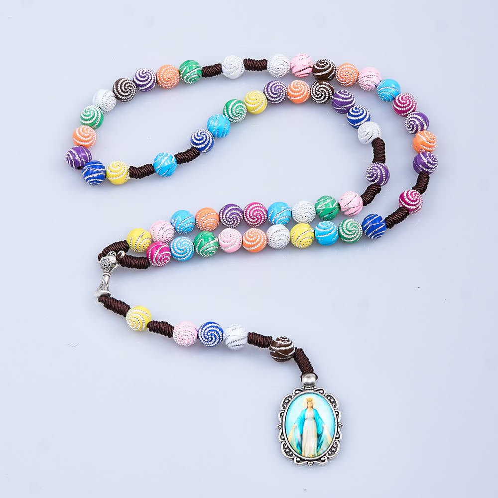 Holy Grail & Miraculous Medal of 8 mm Round Multicolor Acrylic Nylon Cord Rosary - image 5