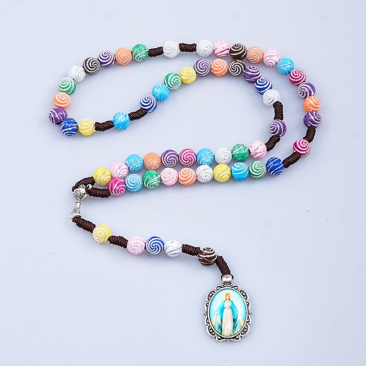 Holy Grail & Miraculous Medal of 8 mm Round Multicolor Acrylic Nylon Cord Rosary - image 5
