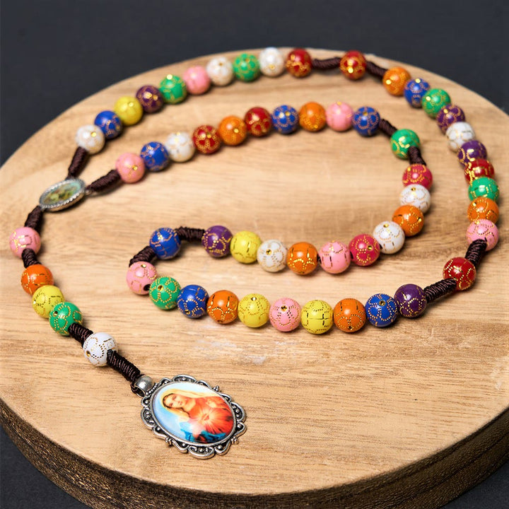 Our Lady of Mercy & Crucifix of 8 mm Round Multicolor Acrylic Nylon Cord Rosary - Multicolor - image 1