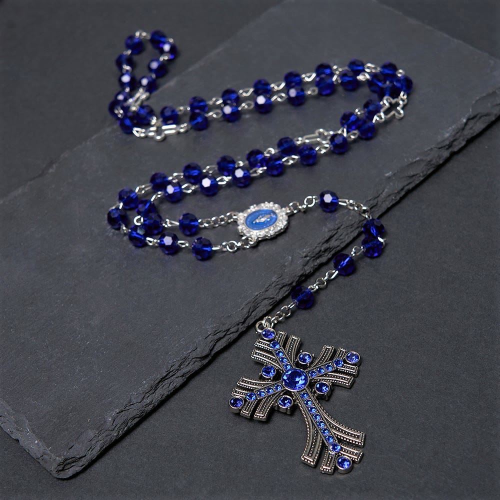 Christianartworkshop Miraculous Medal & Cross of 8 mm Polyhedron Blue Crystal Alloy Chain Rosary - image 8