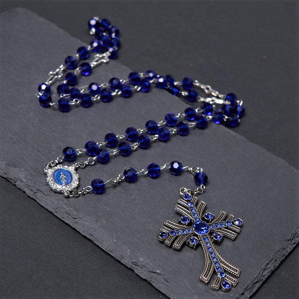 Miraculous Medal & Cross of 8 mm Polyhedron Blue Crystal Alloy Chain Rosary - image 2