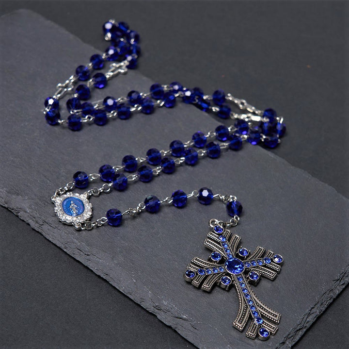 Miraculous Medal & Cross of 8 mm Polyhedron Blue Crystal Alloy Chain Rosary - image 2