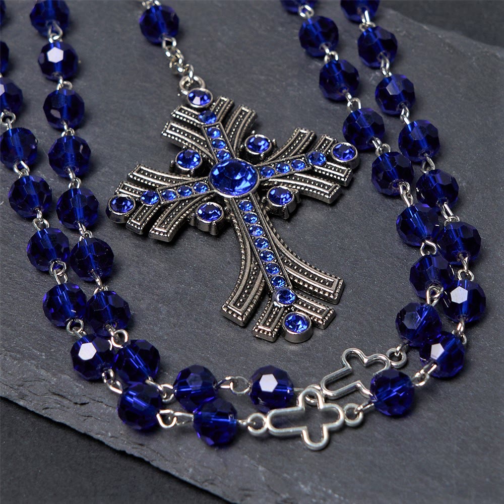 Miraculous Medal & Cross of 8 mm Polyhedron Blue Crystal Alloy Chain Rosary - image 5