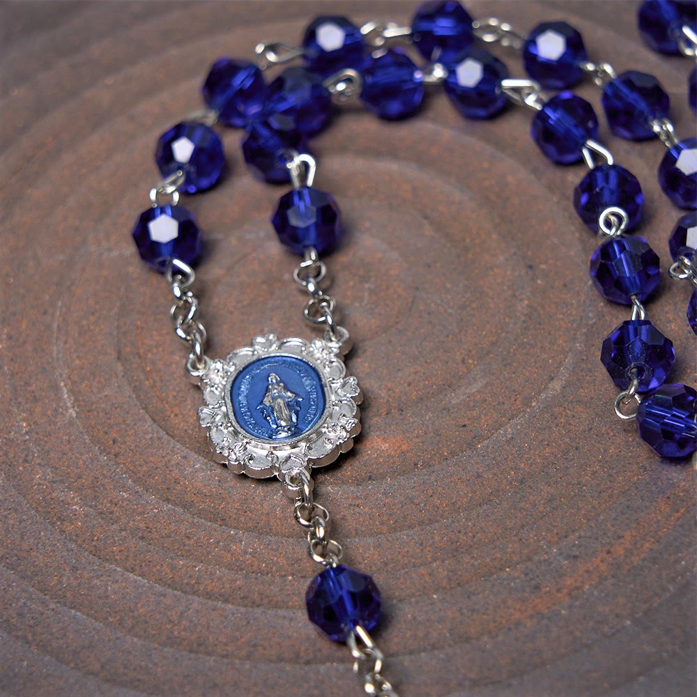 Miraculous Medal & Cross of 8 mm Polyhedron Blue Crystal Alloy Chain Rosary - image 6