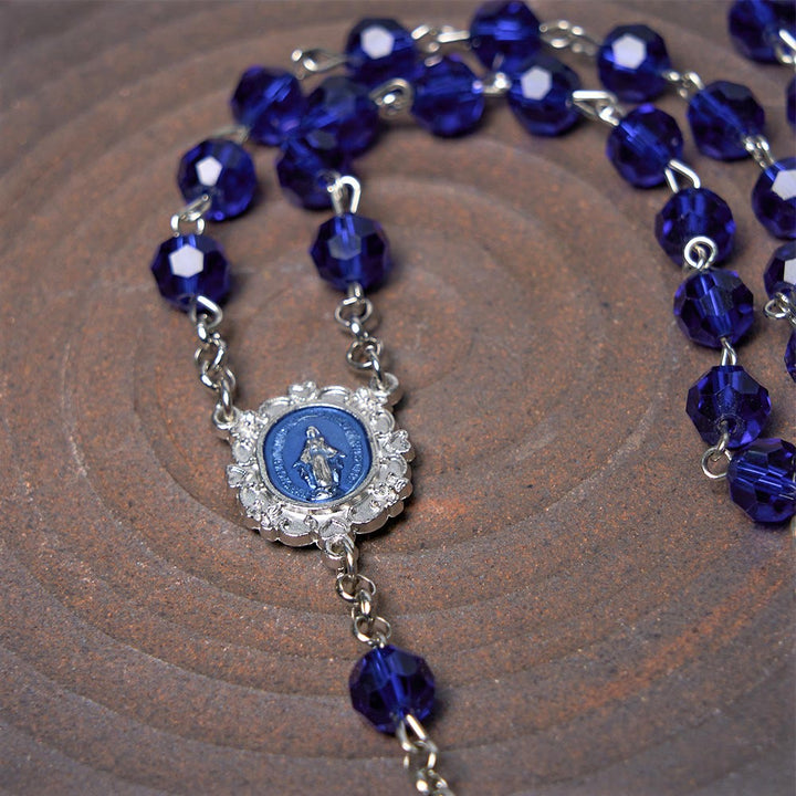 Miraculous Medal & Cross of 8 mm Polyhedron Blue Crystal Alloy Chain Rosary - image 6