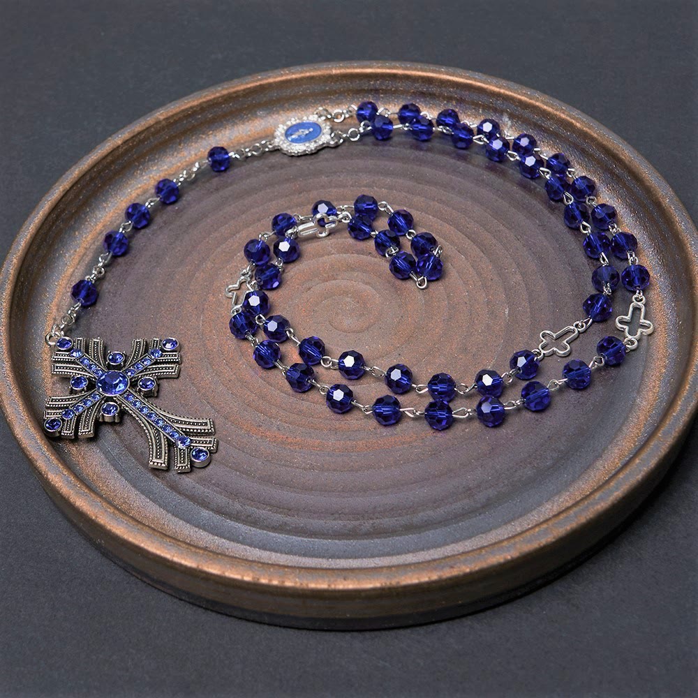 Miraculous Medal & Cross of 8 mm Polyhedron Blue Crystal Alloy Chain Rosary - image 4