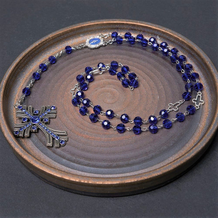 Miraculous Medal & Cross of 8 mm Polyhedron Blue Crystal Alloy Chain Rosary - image 4