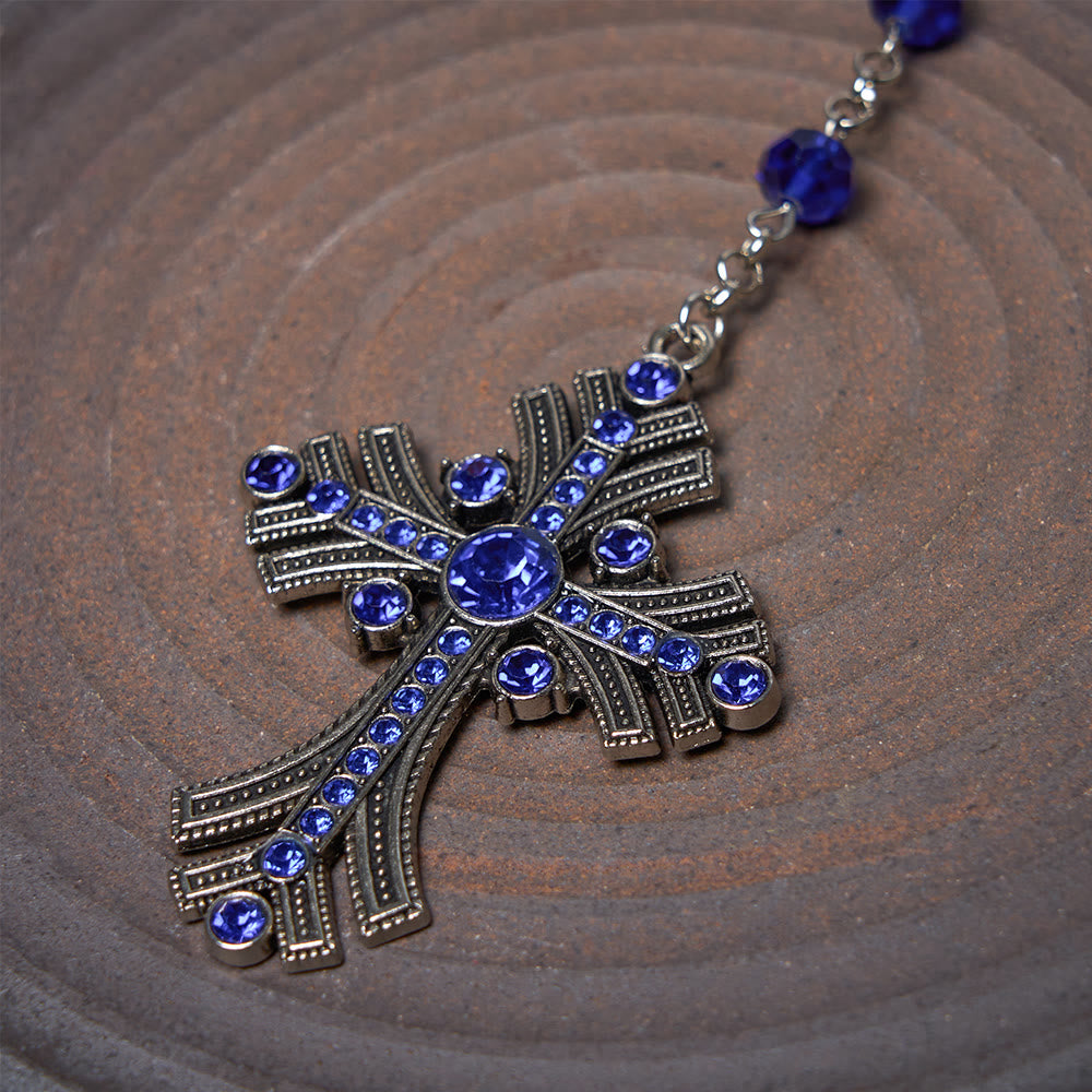 Miraculous Medal & Cross of 8 mm Polyhedron Blue Crystal Alloy Chain Rosary - image 7