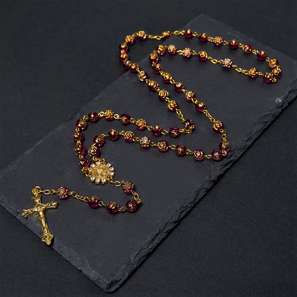 St. Benedict Medal & Crucifix of 8 mm Round Multicolor Acrylic Alloy Chain Rosary - Purple - image 2
