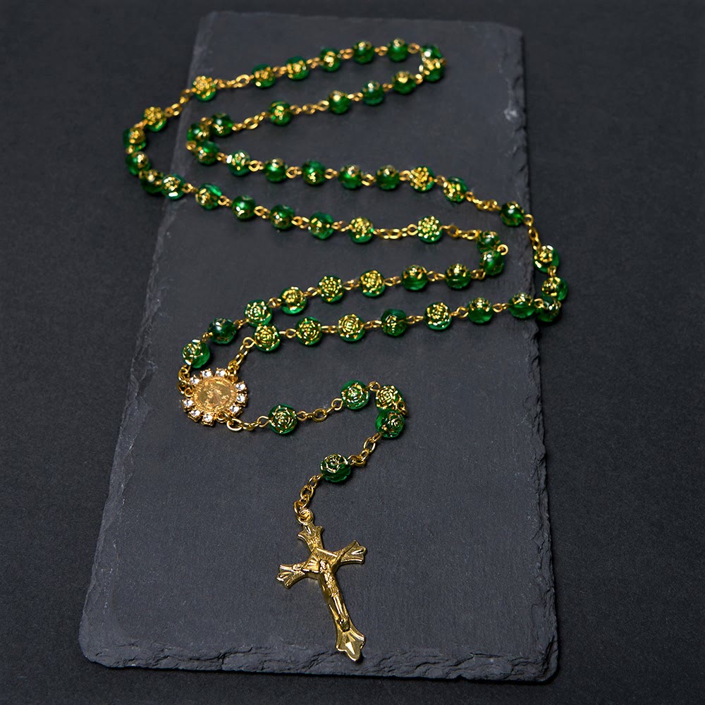 St. Benedict Medal & Crucifix of 8 mm Round Multicolor Acrylic Alloy Chain Rosary - Green - image 6