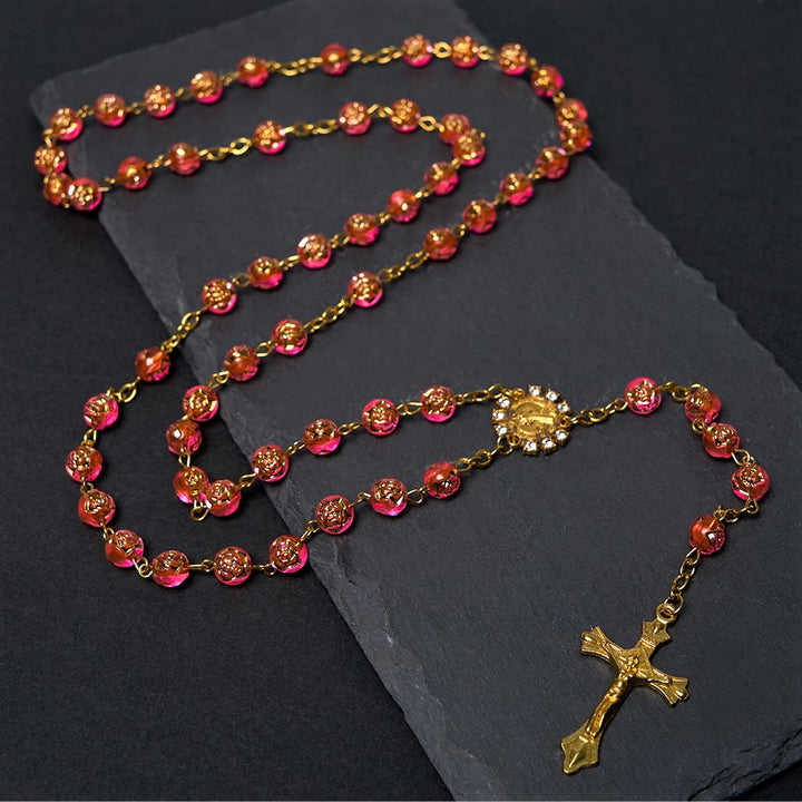 St. Benedict Medal & Crucifix of 8 mm Round Multicolor Acrylic Alloy Chain Rosary - Rose - image 4