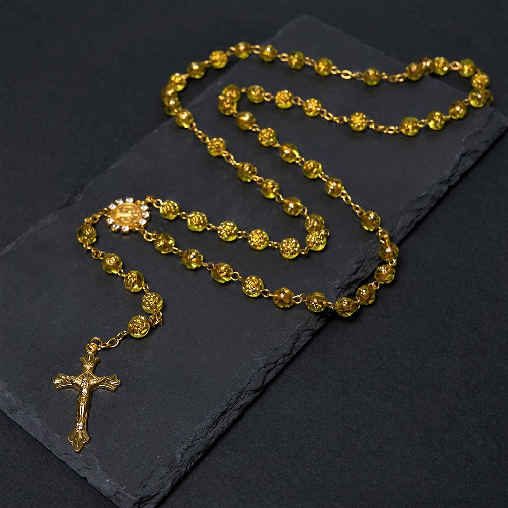 St. Benedict Medal & Crucifix of 8 mm Round Multicolor Acrylic Alloy Chain Rosary - Golden - image 5