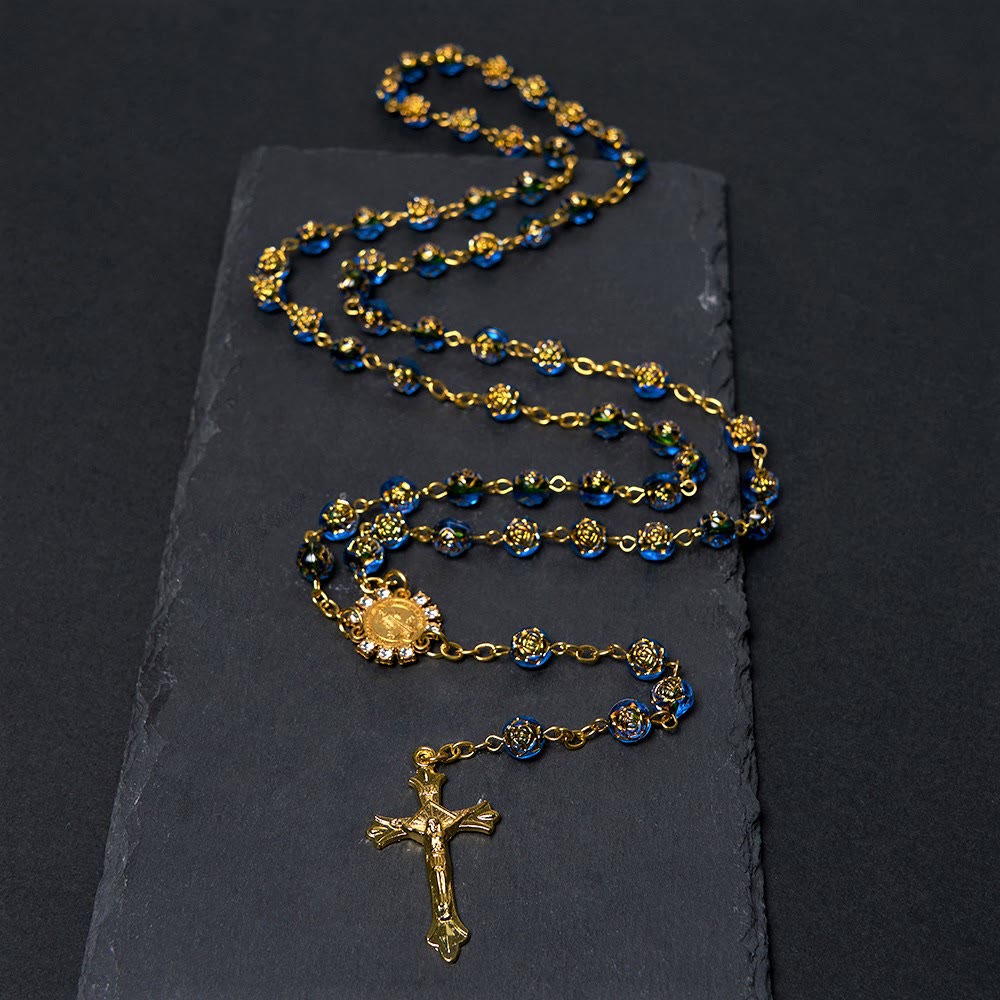 St. Benedict Medal & Crucifix of 8 mm Round Multicolor Acrylic Alloy Chain Rosary - Blue - image 1