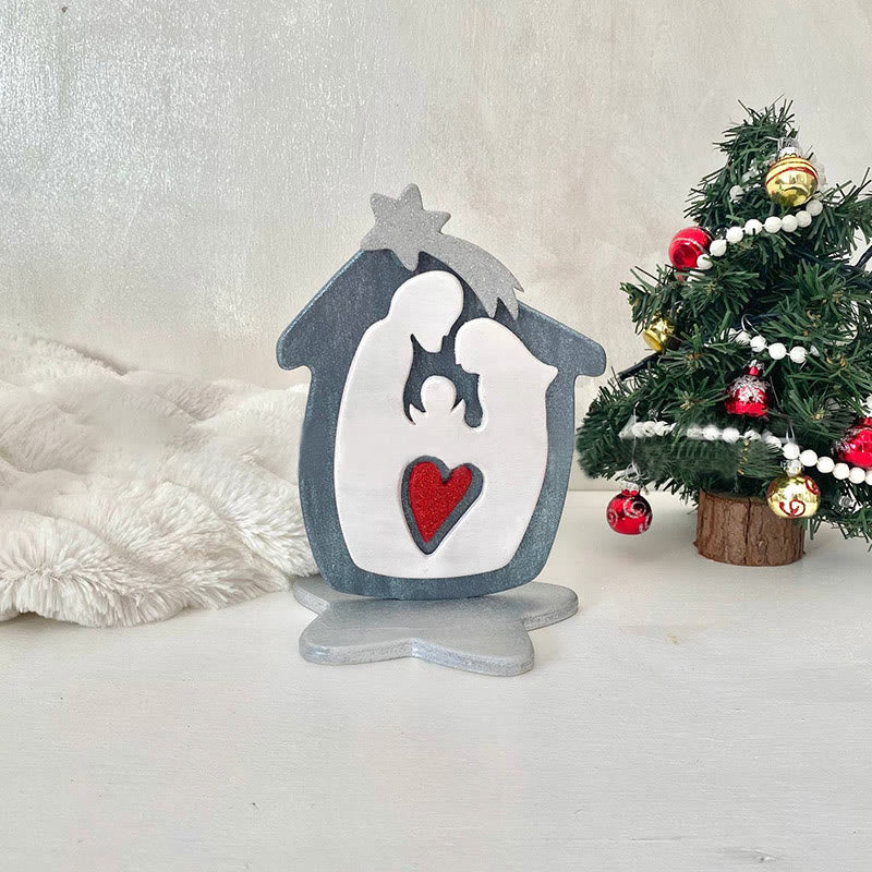 Christian Art Minimalist Style Wood Stereoscopic Brown Nativity Desktop Decorations Ornament - Blue - image 2