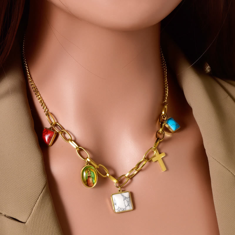 Christian Art Casual Style Our Lady of Guadalupe Turquoise Cross Chocker Necklace - image 2