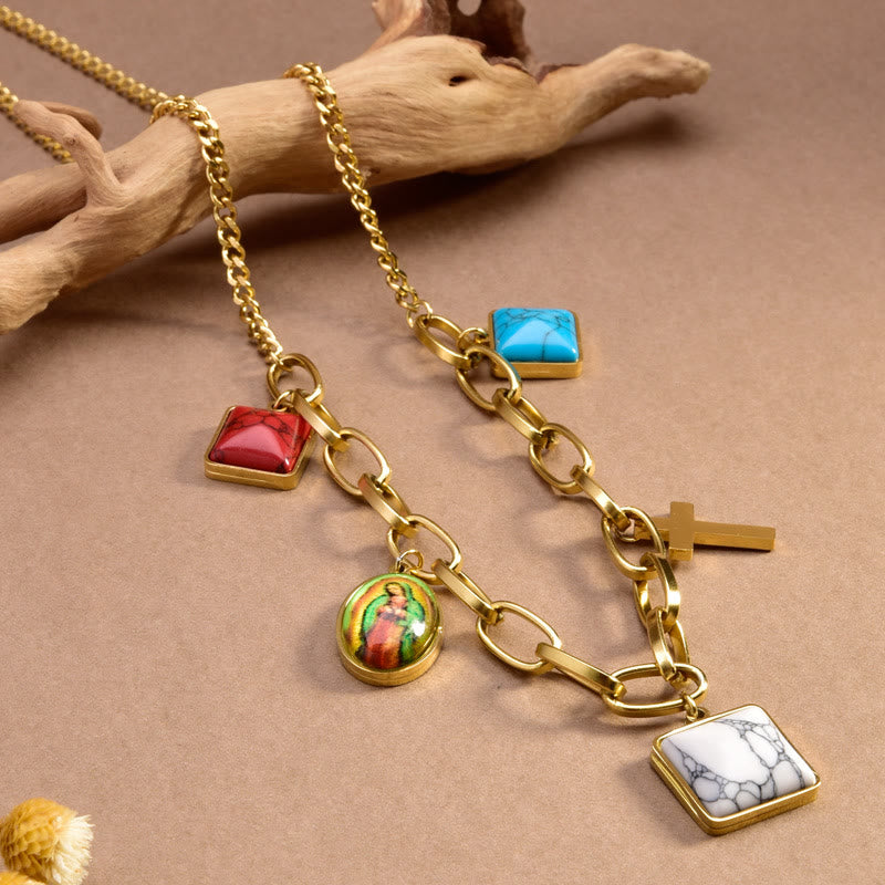 Christian Art Casual Style Our Lady of Guadalupe Turquoise Cross Chocker Necklace - Multi-element - image 1
