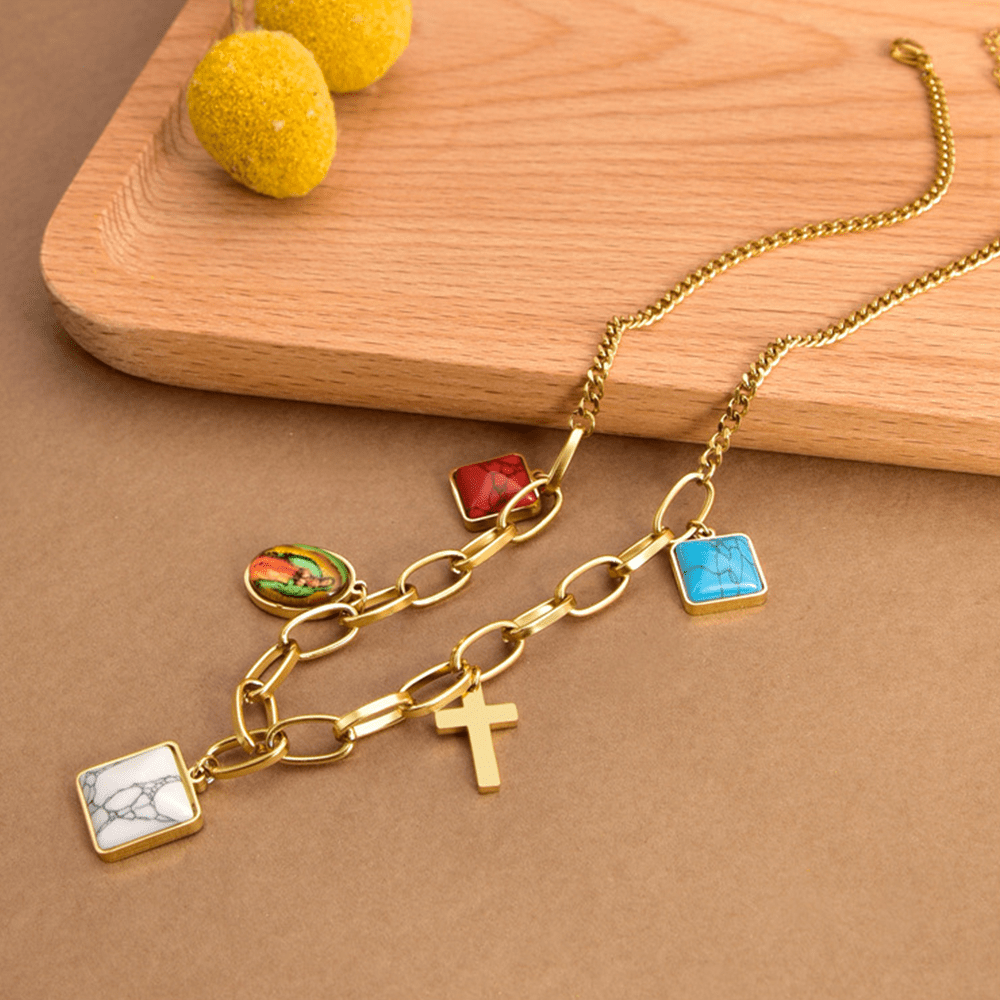 Christian Art Casual Style Our Lady of Guadalupe Turquoise Cross Chocker Necklace - image 3
