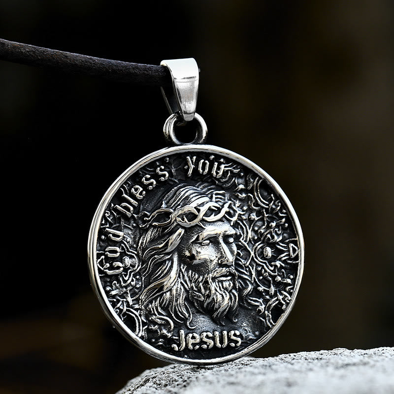 Classic Style Crafted God Bless You Jesus Pendant Necklace - Metallic - image 1