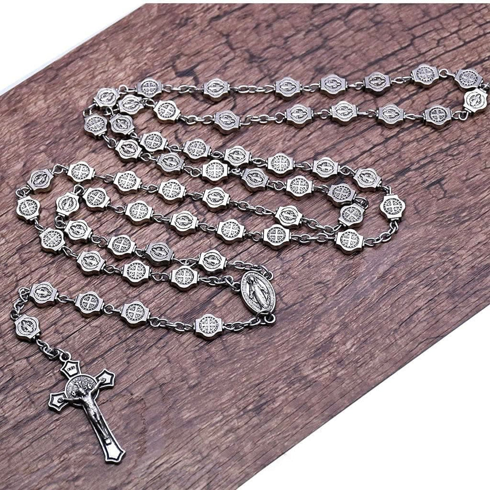 St. Benedict Medal & Crucifix of 8 mm Polyhedron Silver Metal Alloy Chain Rosary - image 2