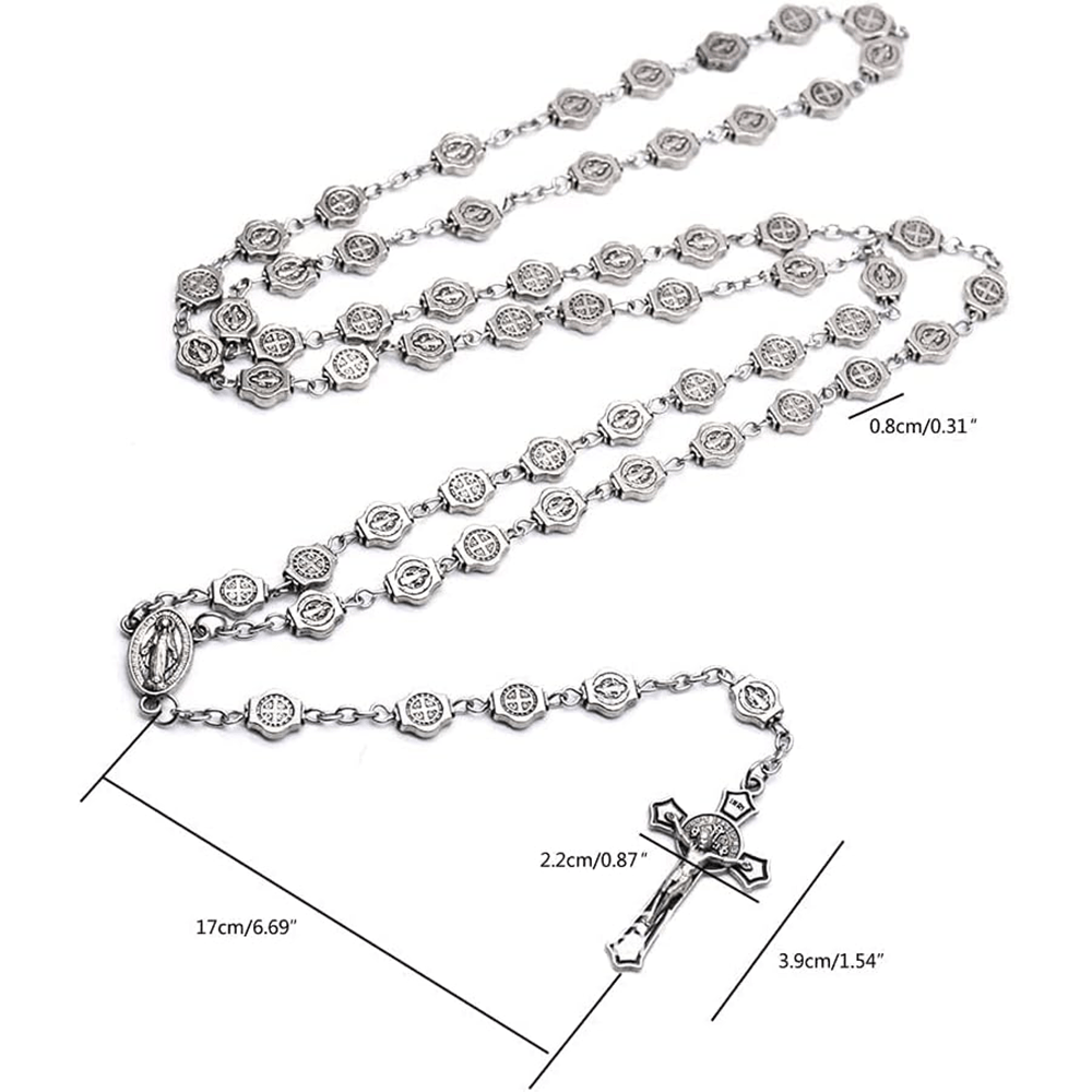 St. Benedict Medal & Crucifix of 8 mm Polyhedron Silver Metal Alloy Chain Rosary - image 6