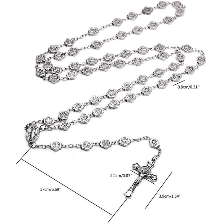 St. Benedict Medal & Crucifix of 8 mm Polyhedron Silver Metal Alloy Chain Rosary - image 6